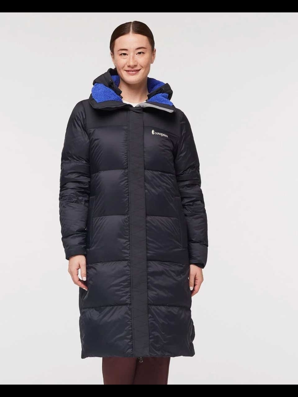 cotopaxi Down Black Long Puffer with Blue Hood Lining